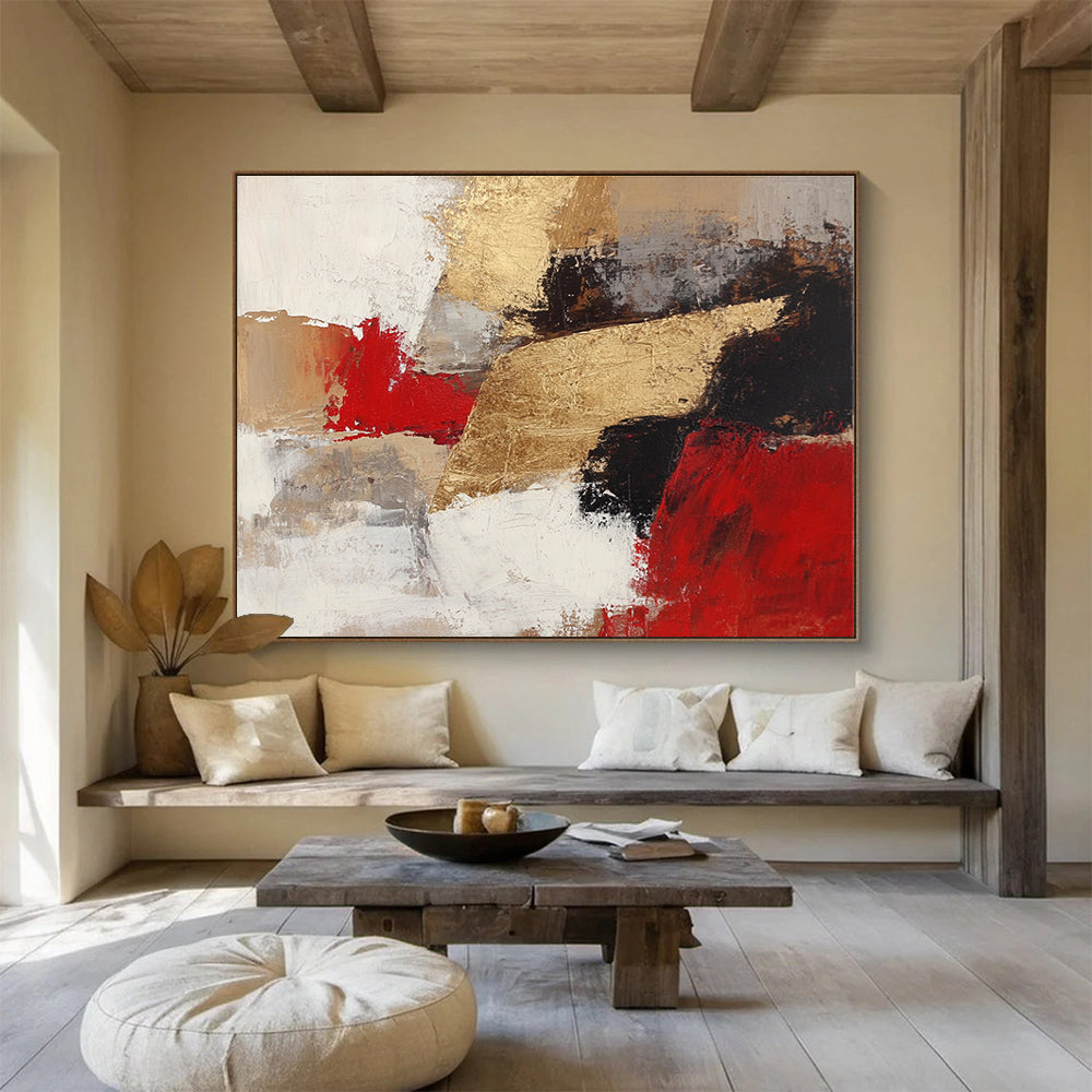 Gold Red Abstract Fusion Painting with Bold Textured Contrasts ABS539
