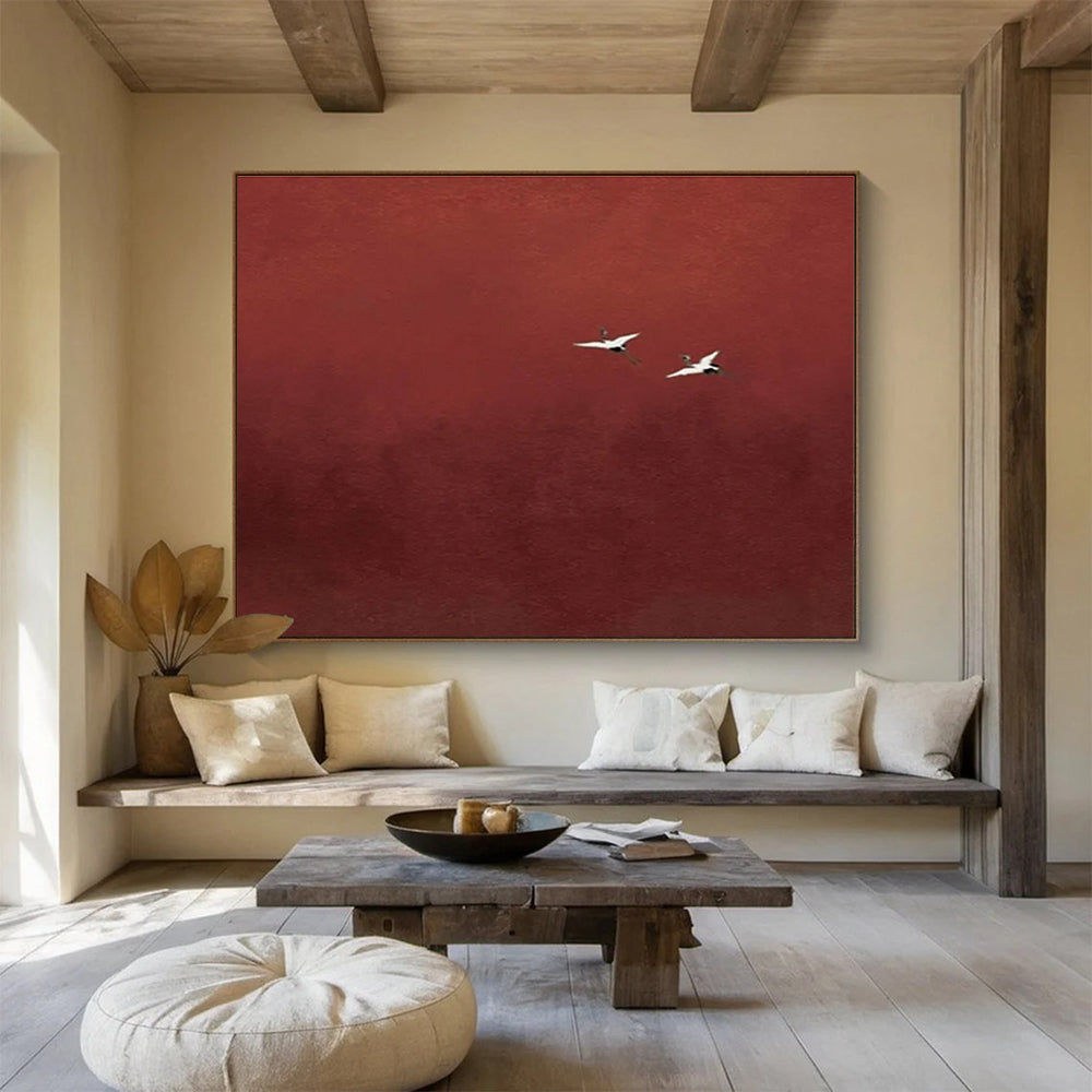 Red - Crane Abstract Painting for Serene Asian - Inspired Spas YHT389