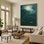 Dark Green Sky with White Birds Abstract Painting for Nature - Themed Spas HENG508