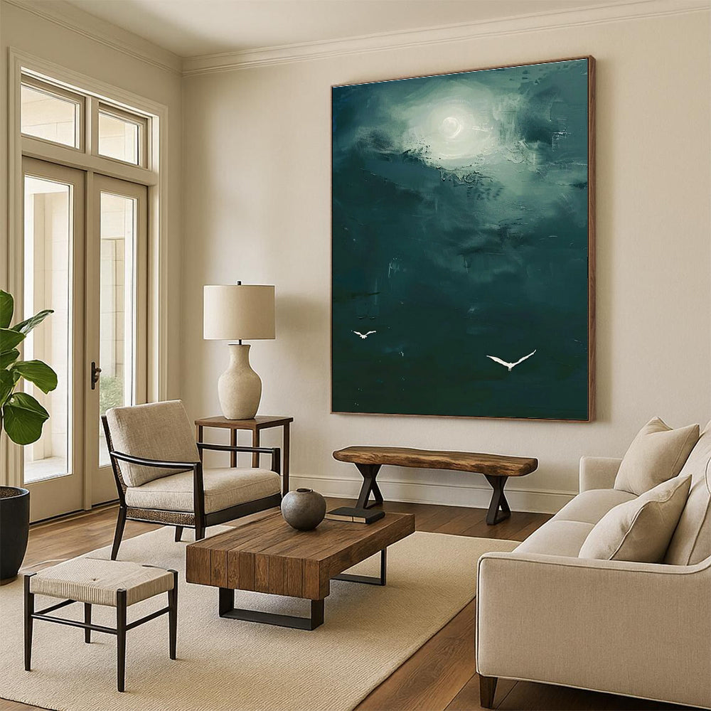 Dark Green Sky with White Birds Abstract Painting for Nature - Themed Spas HENG508