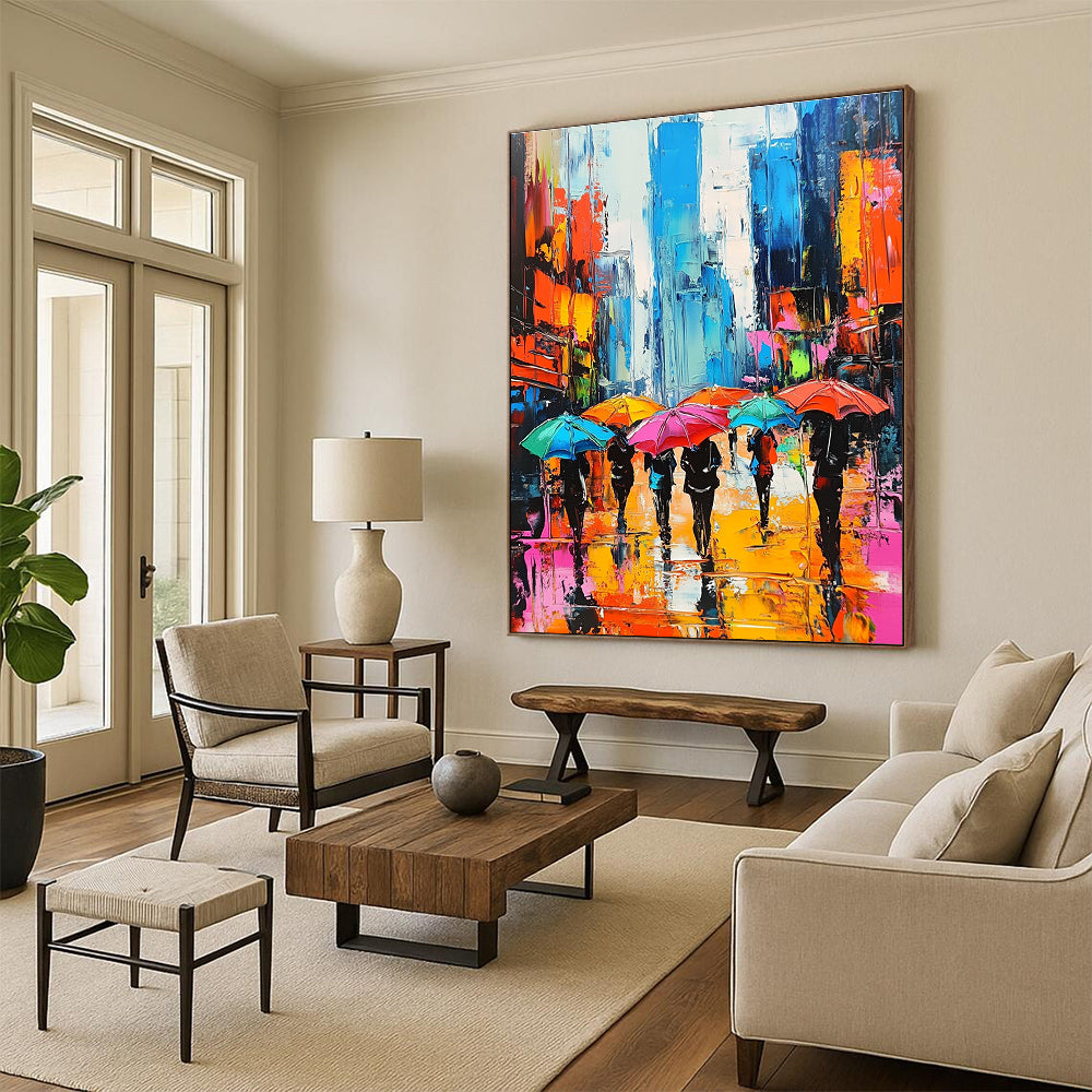 Colorful City Umbrella Scene Abstract Painting for Urban - Themed Restaurants GAB1266