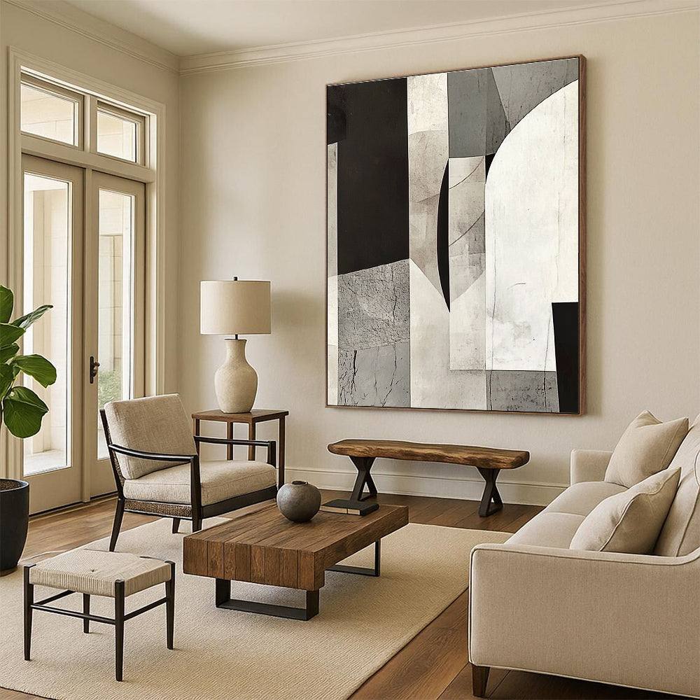 Gray and Black Geometric Collage Abstract Painting with Textured Complexity WINK014