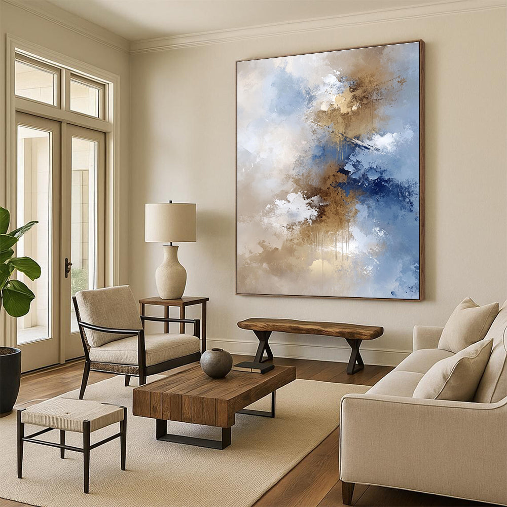 Blue Gold White Abstract Painting with Flowing Elegance WINK662