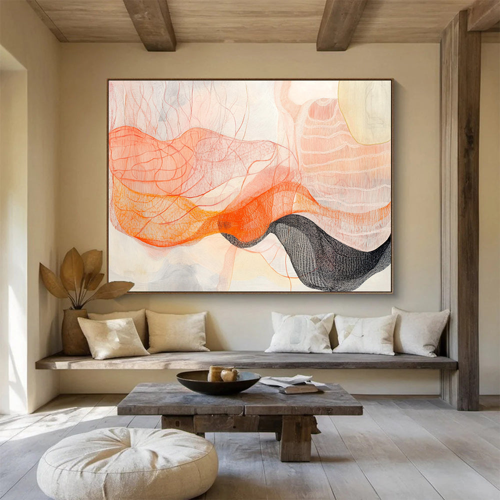 Orange and Pink Line Abstract Painting with Delicate, Flowing Textures ABS462