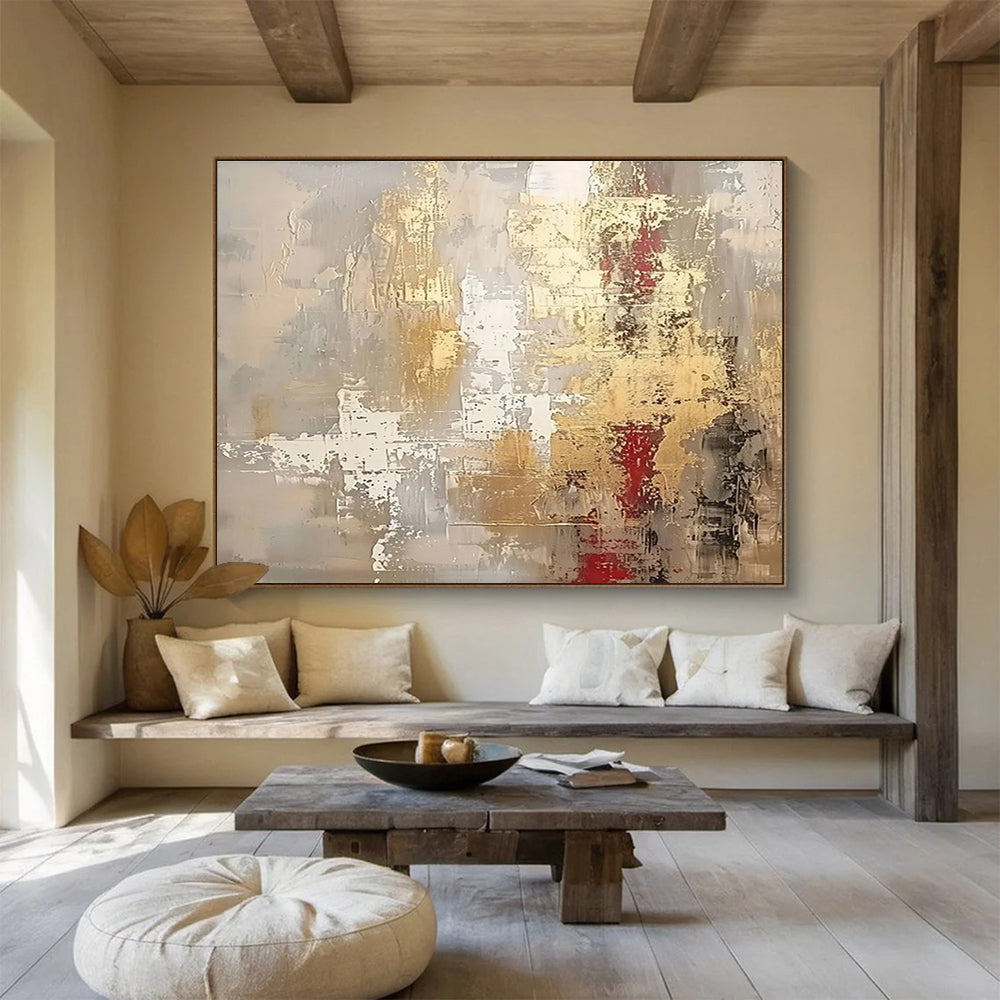 Gold - Red Abstract Textured Painting for Luxe Interiors YHT044