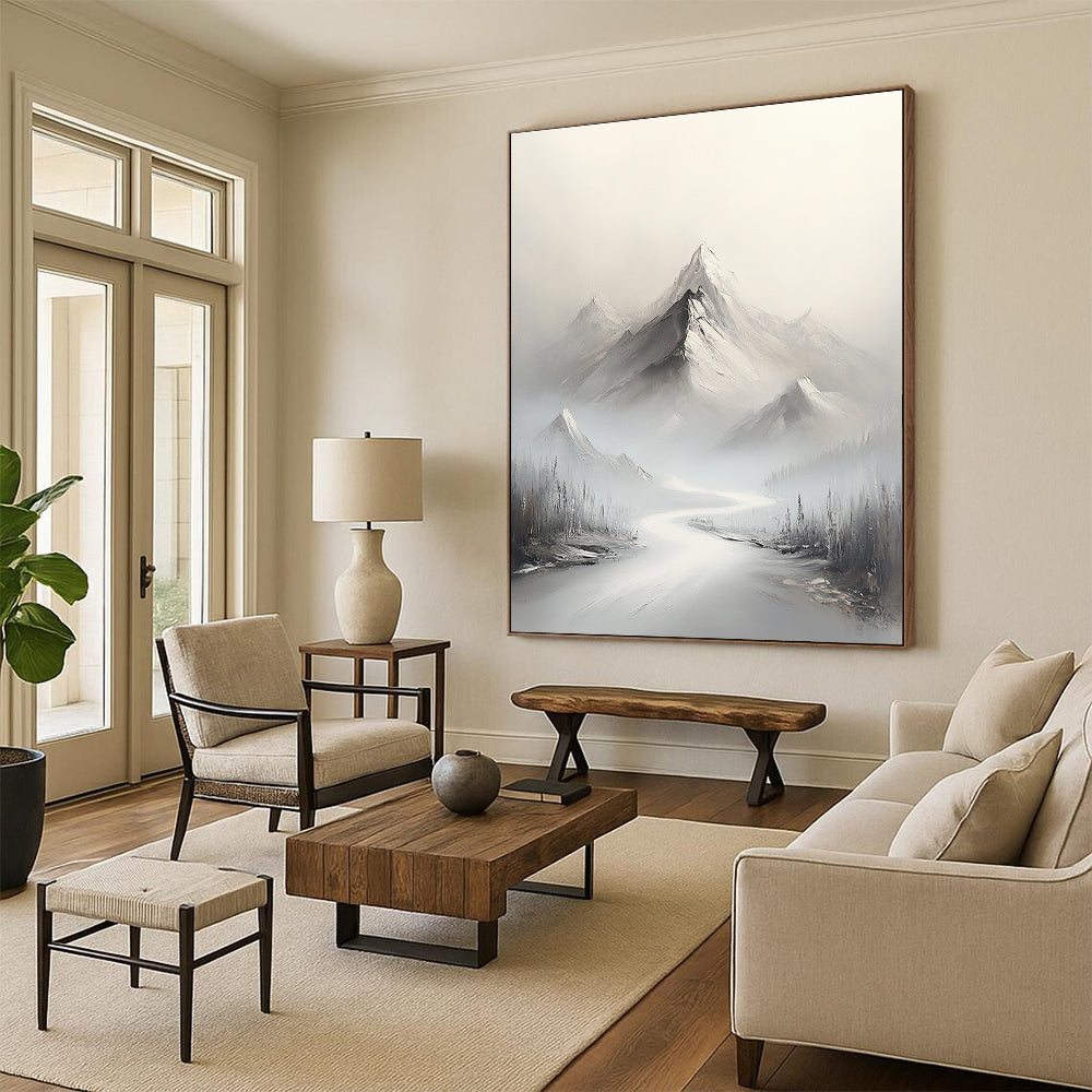Misty Mountain River Ethereal Landscape Abstract Painting for Tranquil Spaces GAB1540