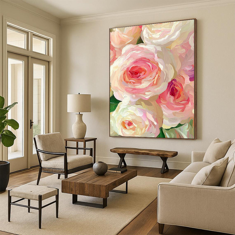 Pink and White Rose Blooms Abstract Painting with Lush Textures GAB0068