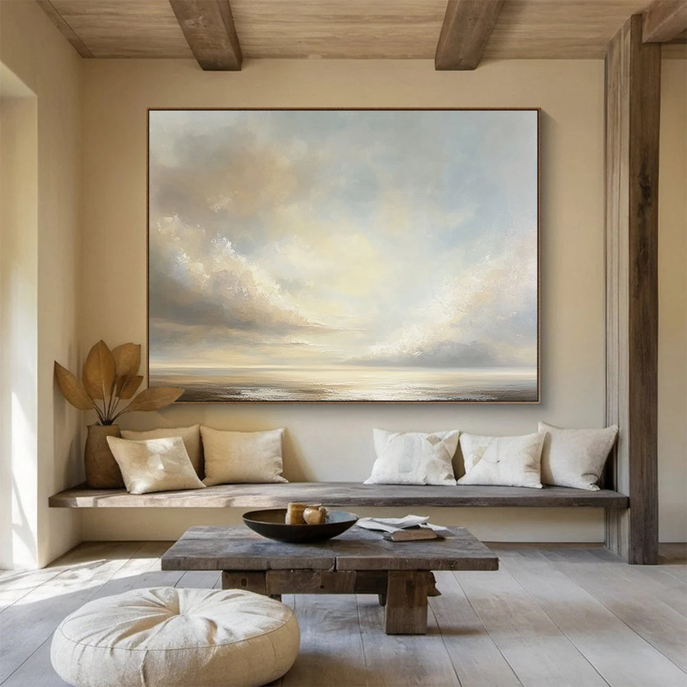 Light - Hued Sky and Sea: Tranquil Coastal Atmosphere Captured Abstract Painting ABS151