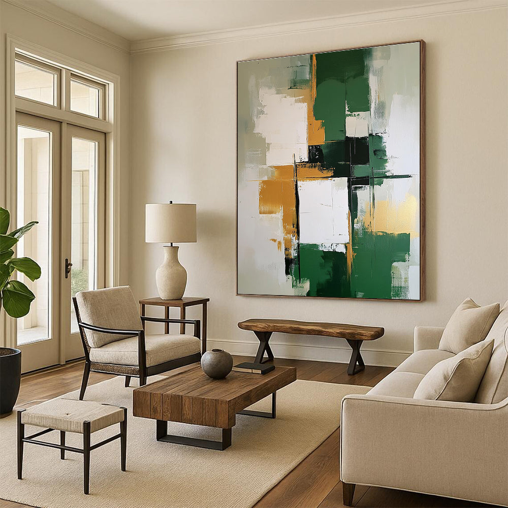 Green Gold White Abstract Painting with Balanced Harmony WINK679