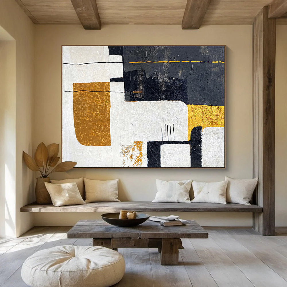 Black and Gold Geometric Abstract Painting with Sophisticated Style ABS425