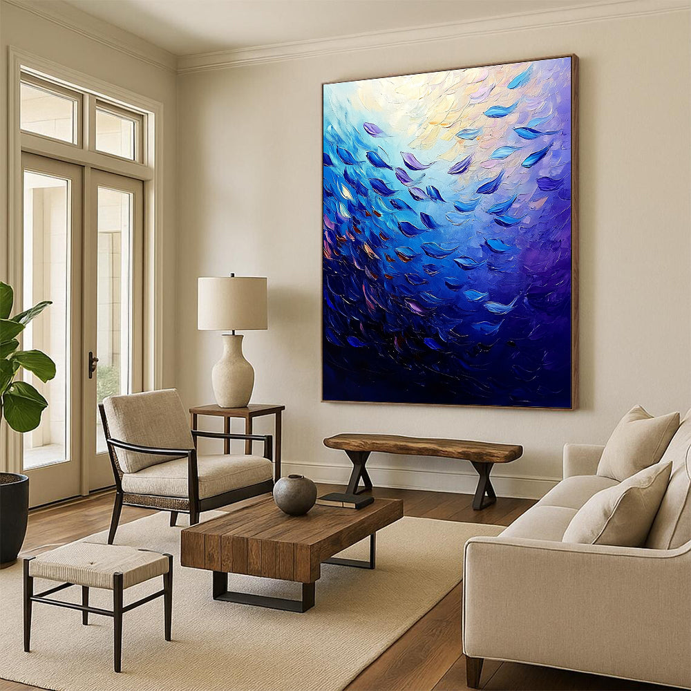 Blue Fish School Abstract Painting for Nautical - Themed Bars GAB1285