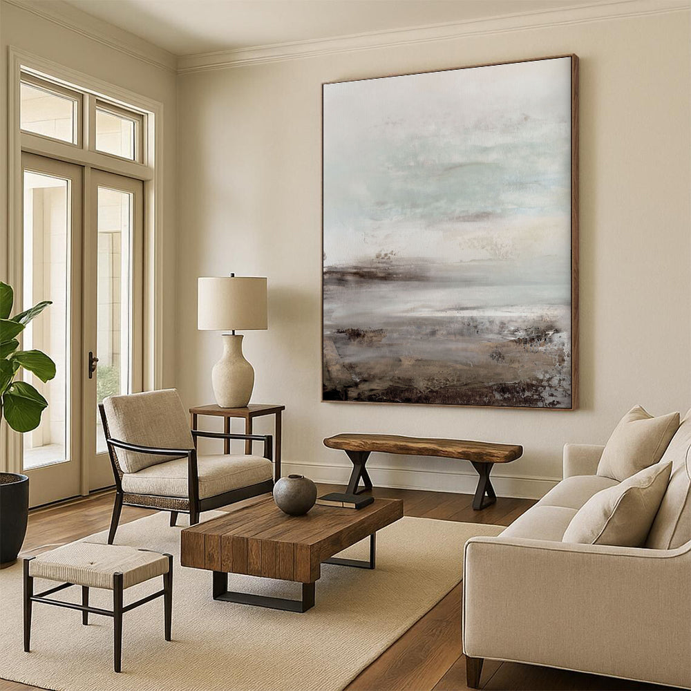 Neutral - Toned Landscape Abstract Painting for Serene Bedrooms HENG153