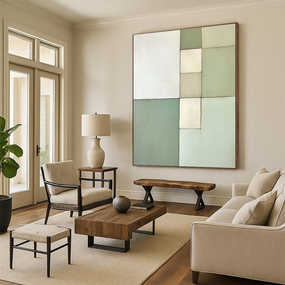 Pastel Green Grid Abstract Painting with Calm Order WINK172