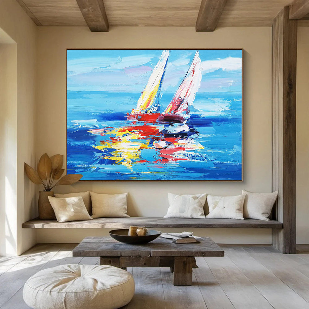 Colorful Sailboat Abstract Painting for Coastal Home Dining Rooms YHT268