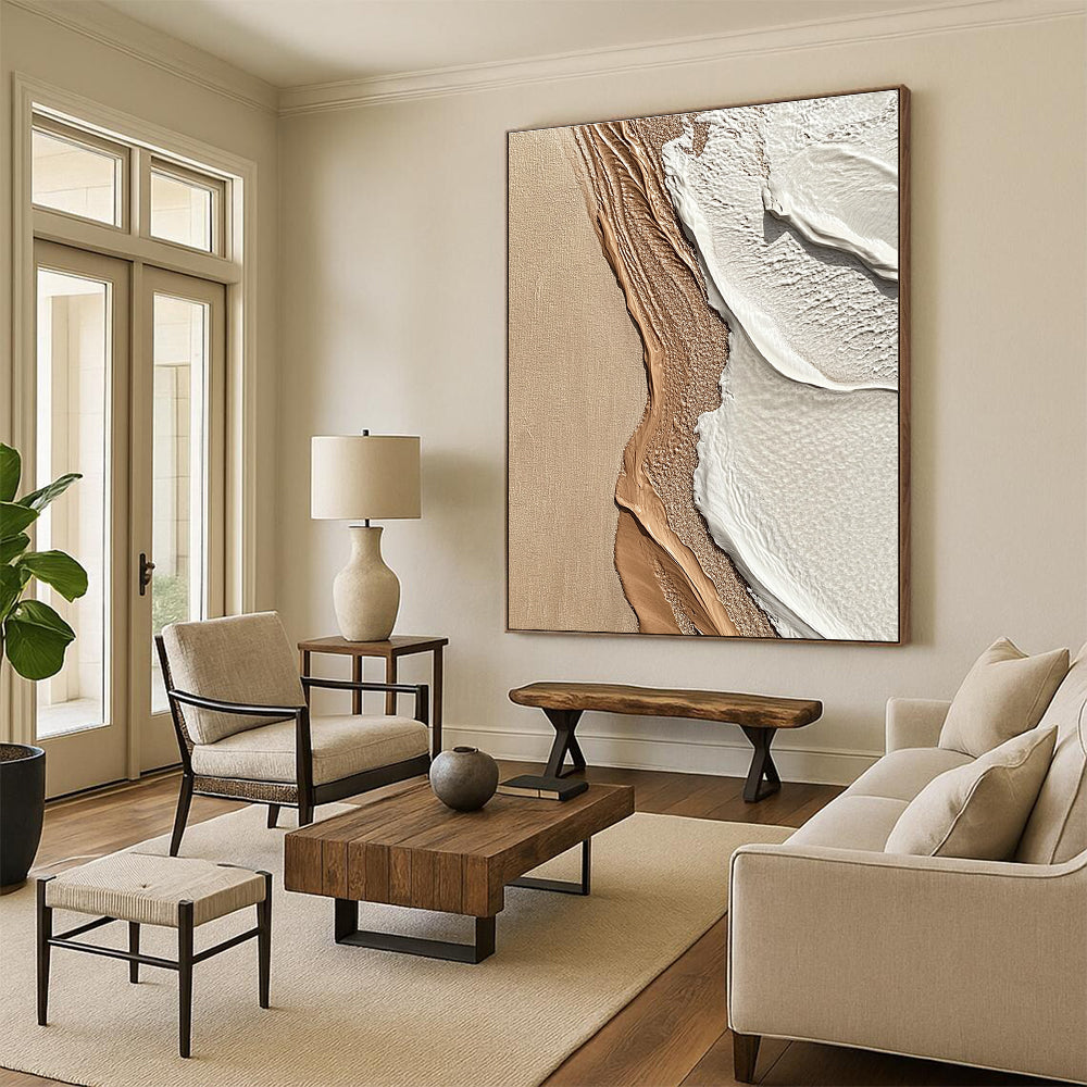 Beige and White Textured Shore Abstract Painting with Coastal Vibes GAB0067
