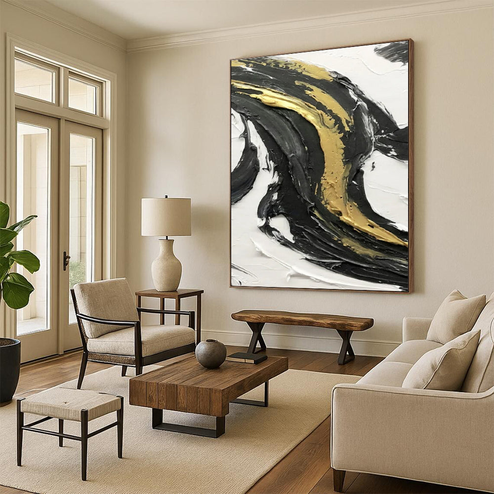 Black - White Horizontal Layer Art Abstract Painting for Minimalist Bedrooms HENG379