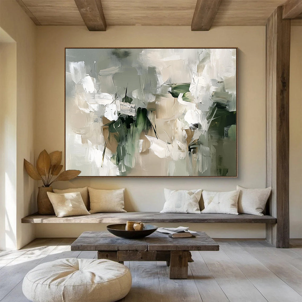 Gray - Green Abstract Blooms Painting with Subtle, Elegant Florals ABS509