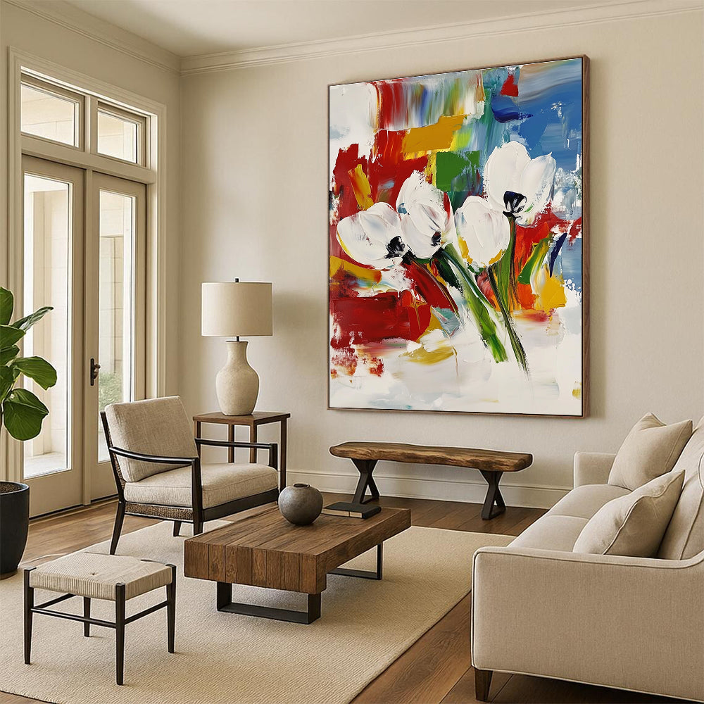 White Blooms on Color Abstract Painting for Modern Bridal Suites GAB0763