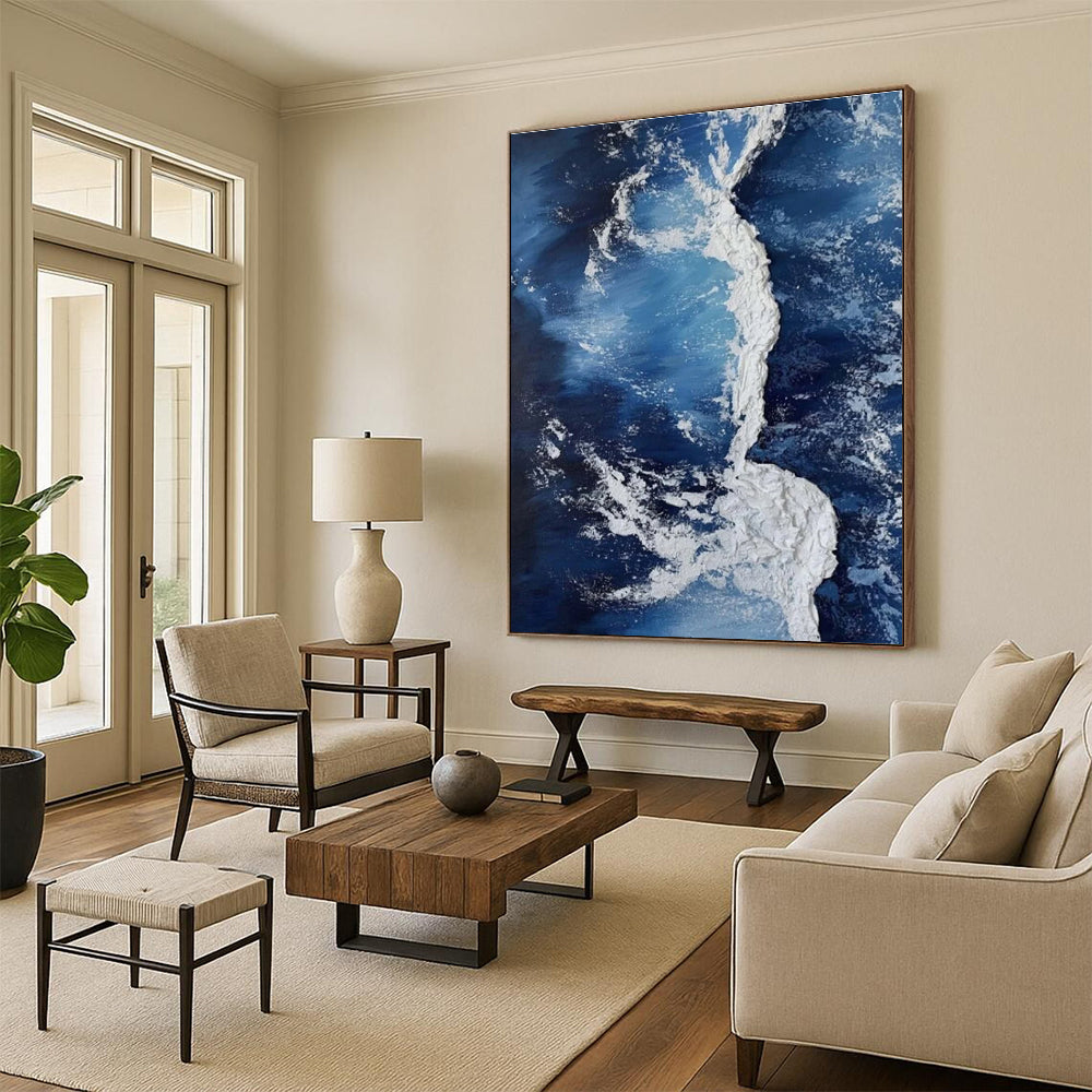 Textured Blue and White Ocean Abstract Painting for Coastal - Themed Cafes HENG335