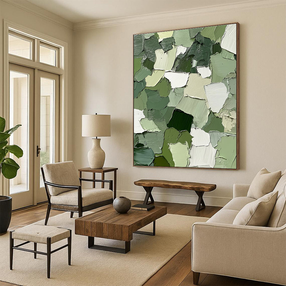 Green and White Patchwork Abstract Painting with Fresh Vitality WINK043