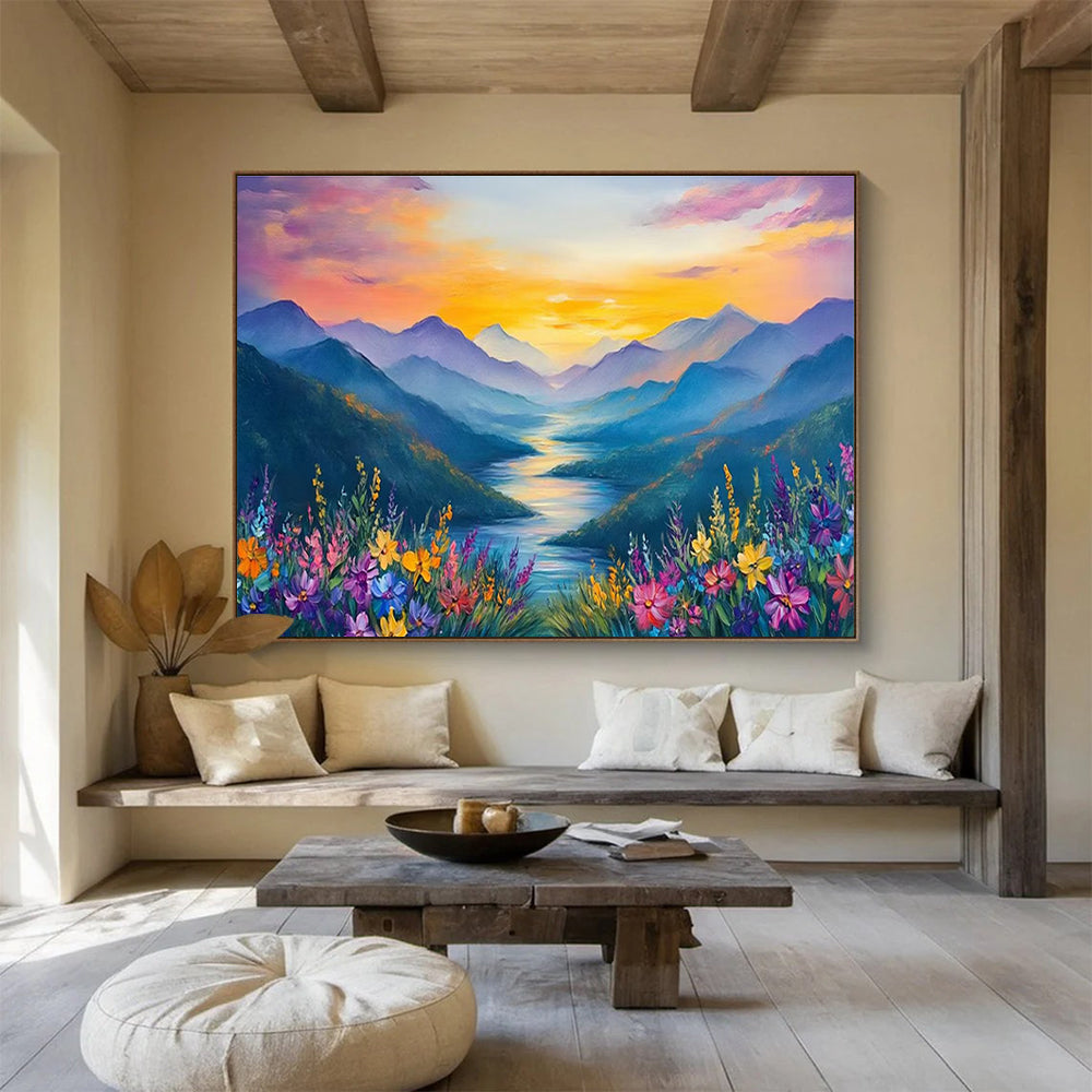 Sunset Mountain River Abstract Painting for Nature - Lover Bedrooms YHT414