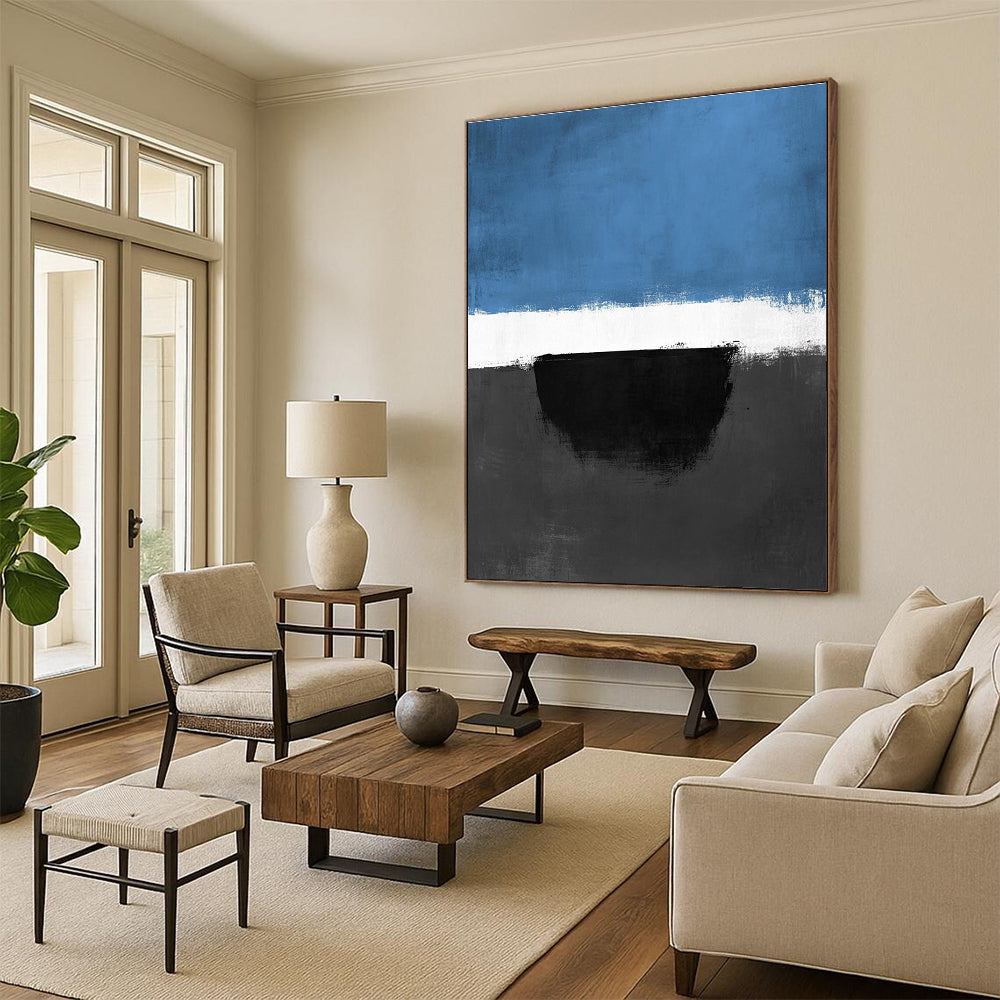 Blue Black and White Abstract Painting with Bold Contrasts WINK848