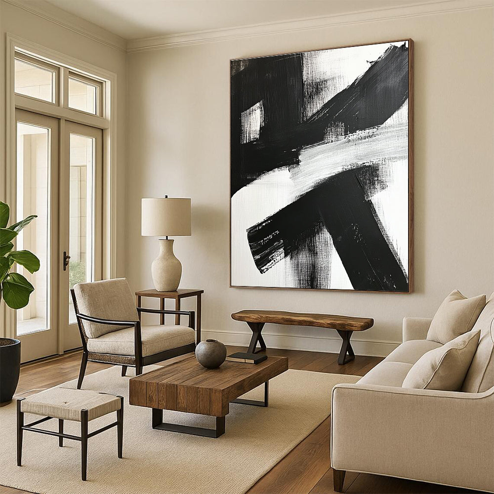 Cross - Shaped Black - White Abstract Painting with Raw Impact WINK359