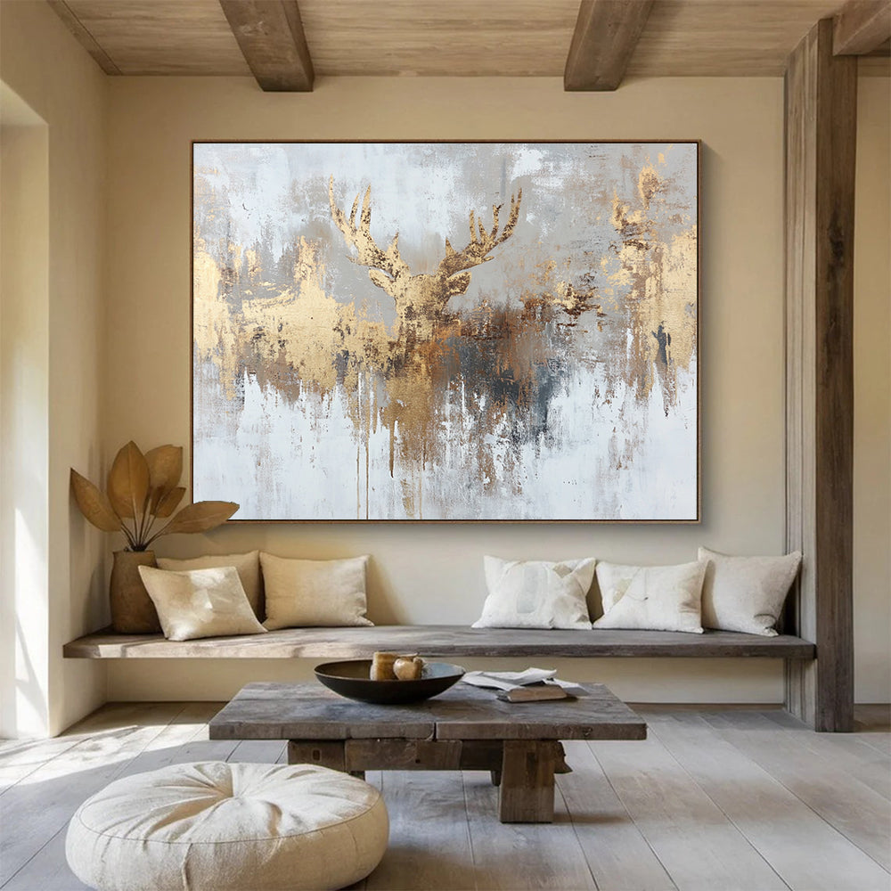 Golden Deer Motif Abstract Painting on Gray Background ABS393