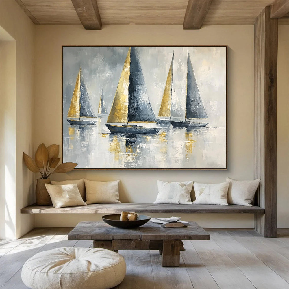 Sailboats with Gold Sails Abstract Painting with Luxe Maritime Vibe ABS607