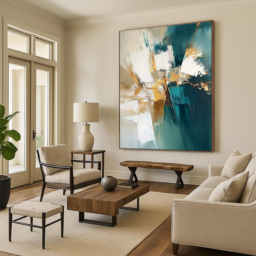 Teal and Gold Textured Abstract Painting for Coastal - Inspired Living Rooms GAB0901