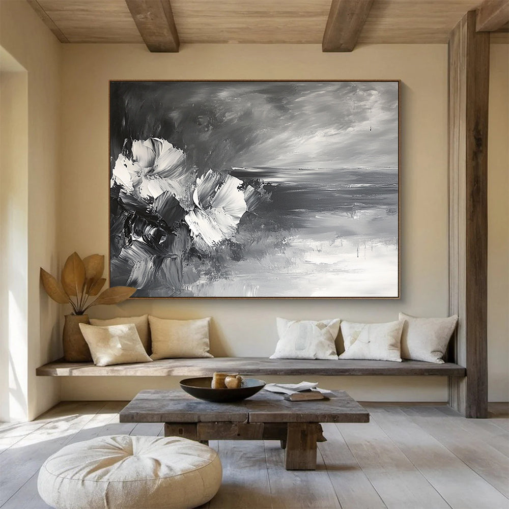 Monochrome Floral and Sea: Contrasting Textures of Flowers and Waves Abstract Painting ABS177