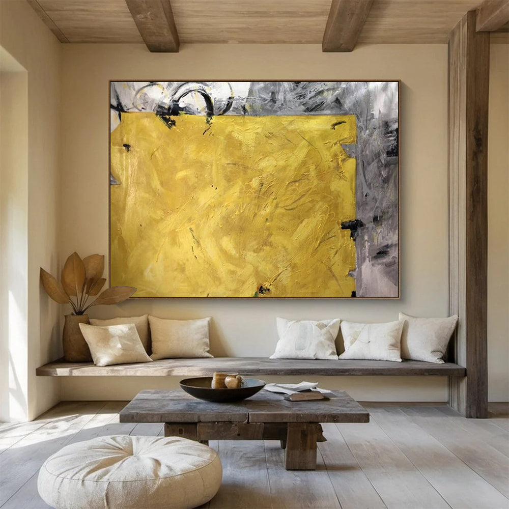 Bold Yellow Block Abstract Painting for High - Energy Spaces YHT153
