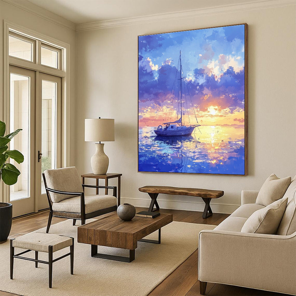 Sailboat at Sunset Romantic Coastal Abstract Painting GAB0330