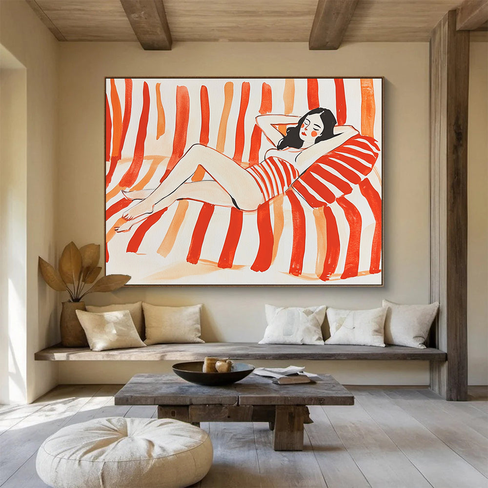 Relaxed Woman on Stripes: Carefree Summer Vibes Abstract Painting ABS164