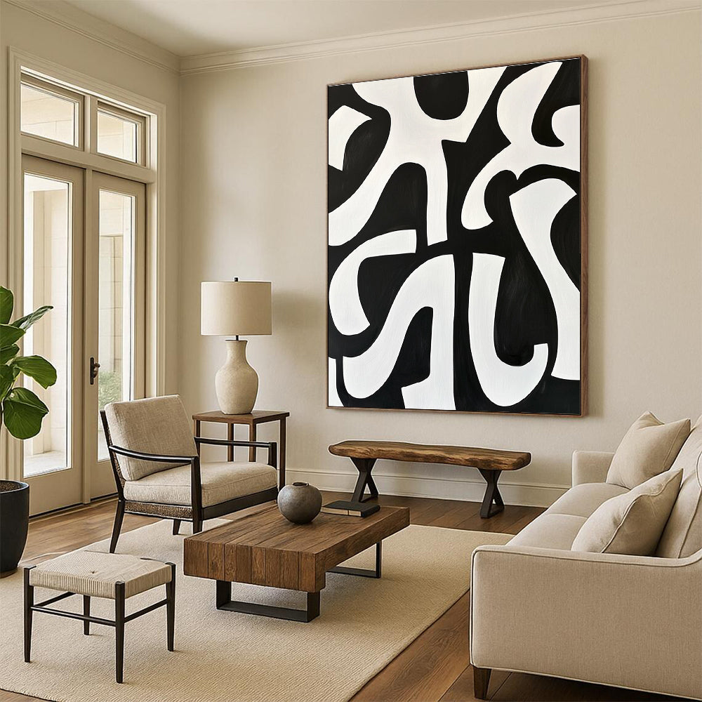 Black and White Curved Forms Abstract Painting with Dynamic Contrast WINK236