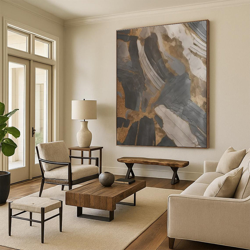 Black - Gold - Gray Abstract Painting for Opulent Residential Foyers HENG137