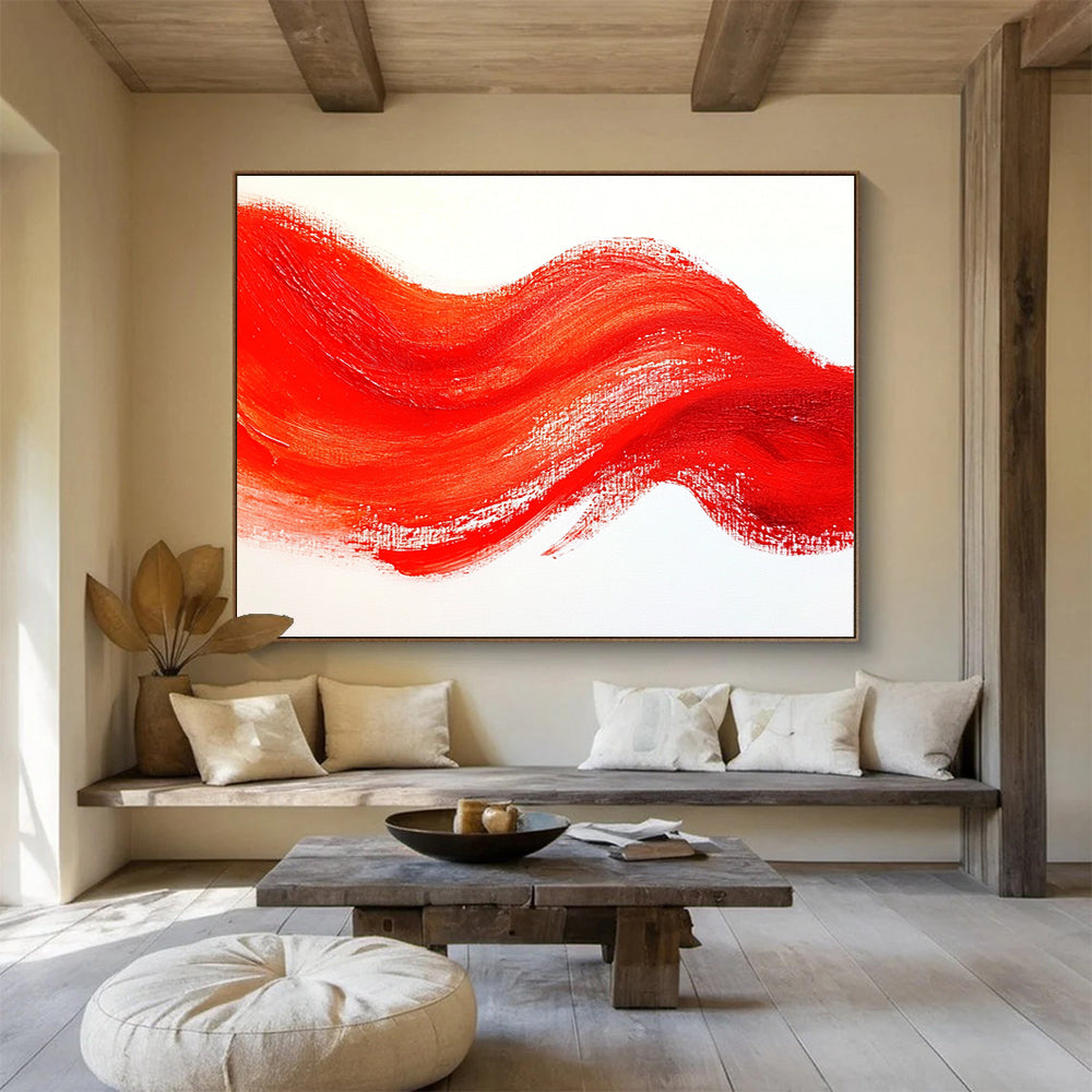 Red Wavy Line on White Abstract Painting with Bold Simplicity ABS606