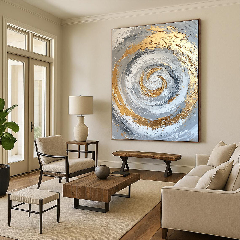 Gold Silver Spiral Abstract Painting with Textured Movement WINK622