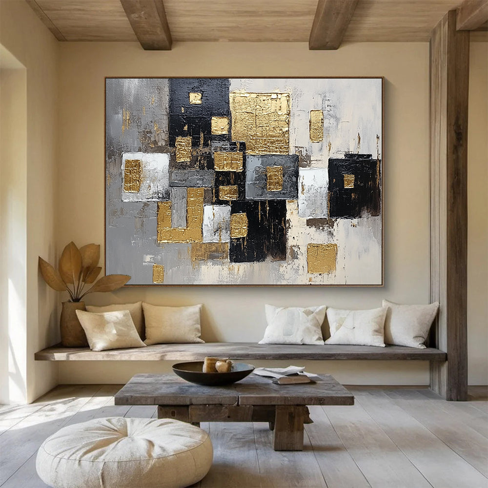 Gold - Accented Geometric Abstract Painting with Modern, Structured Beauty ABS476