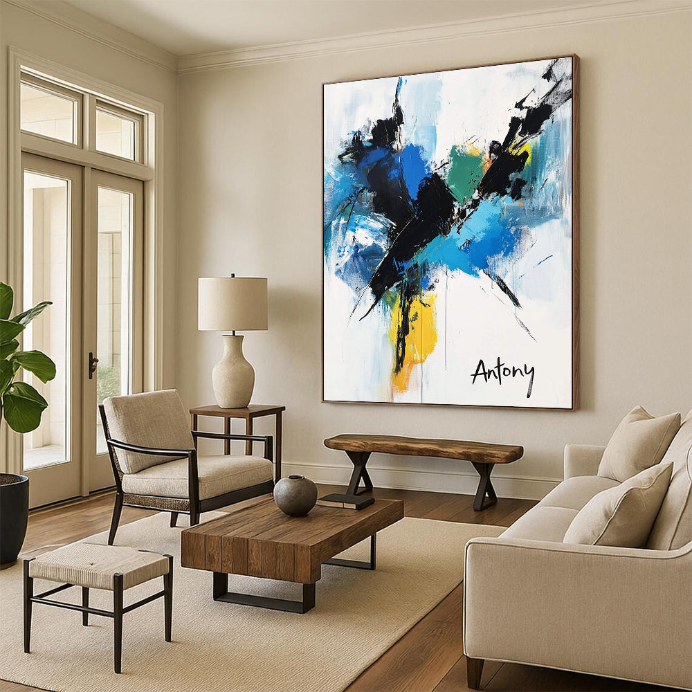 Blue and Black Abstract Flower - Dynamic Botanical Abstract Art GAB0473