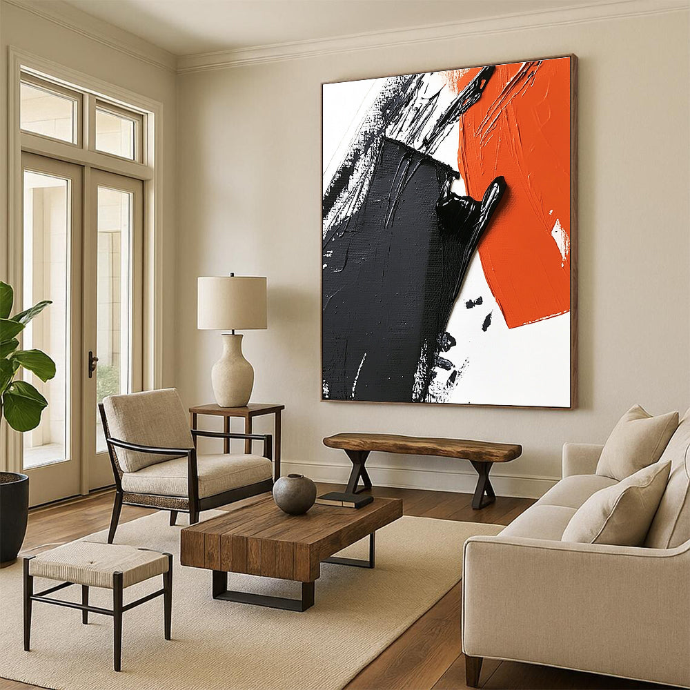 Black and Orange Textured Art Abstract Painting with Bold Strokes GAB0055