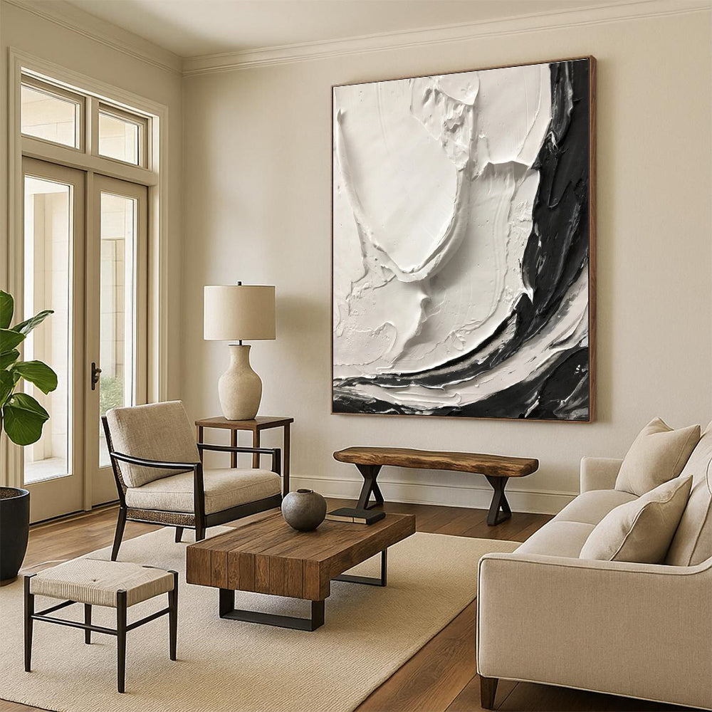 Black - White Textured Swirl Abstract Painting for Art - Centric Living Spaces HENG387