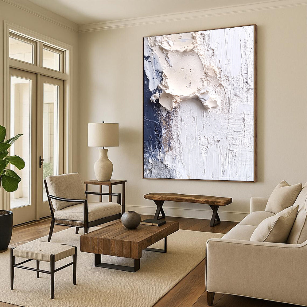 Textured White and Blue Abstract Painting for Coastal - Inspired Cafes GAB1009