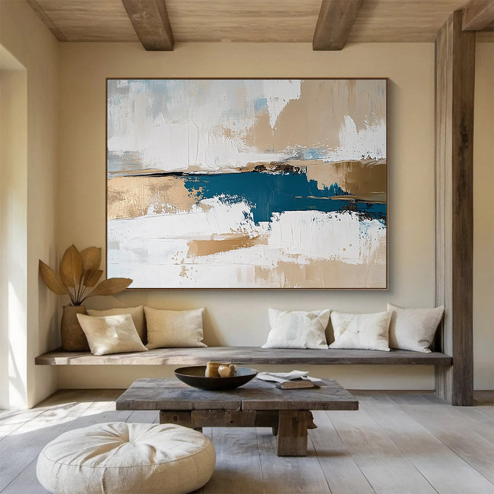 Blue, Gold, and White Abstract Painting with Layered Textural Elegance ABS471