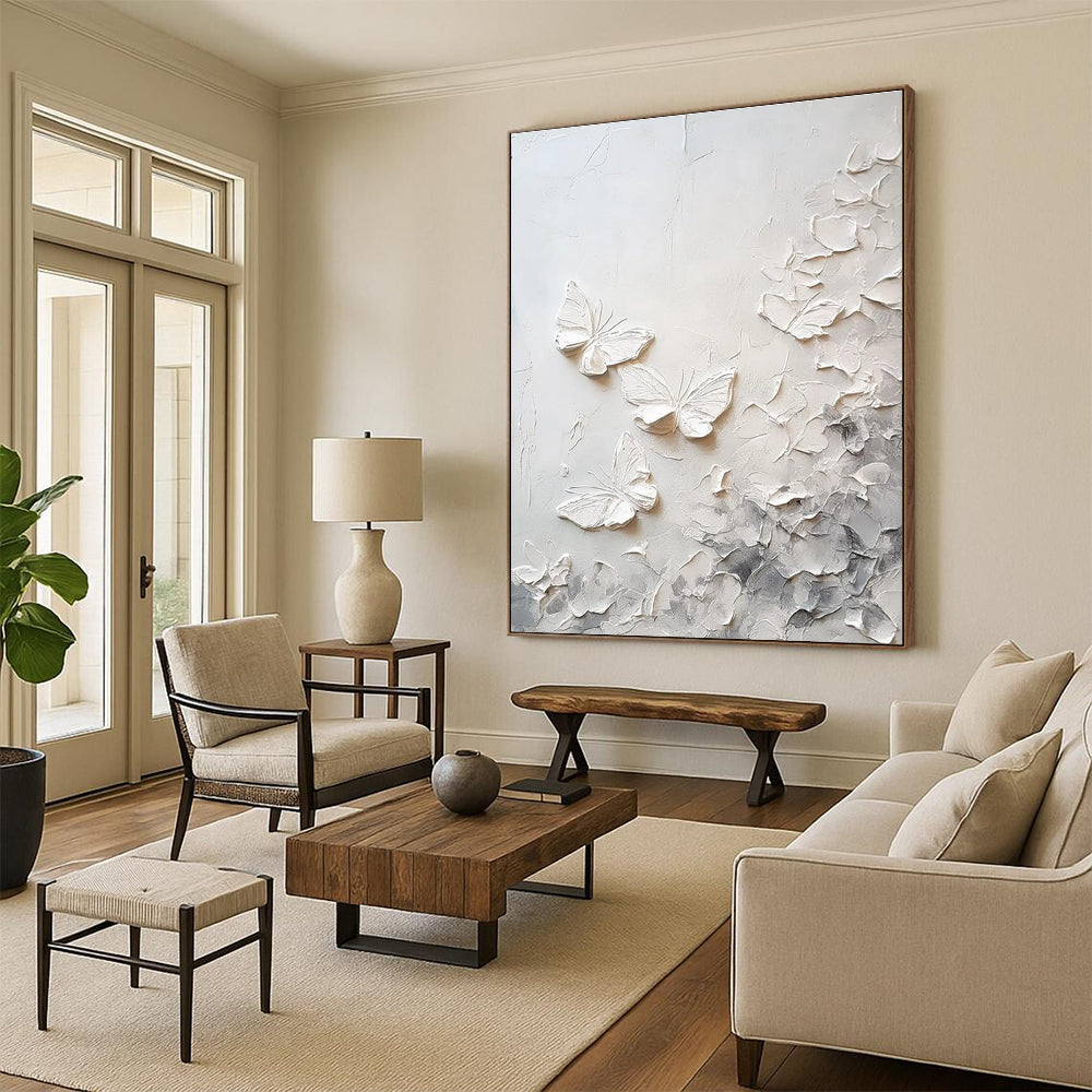 White Textured Butterflies Abstract Painting for Whimsical Nurseries HENG448