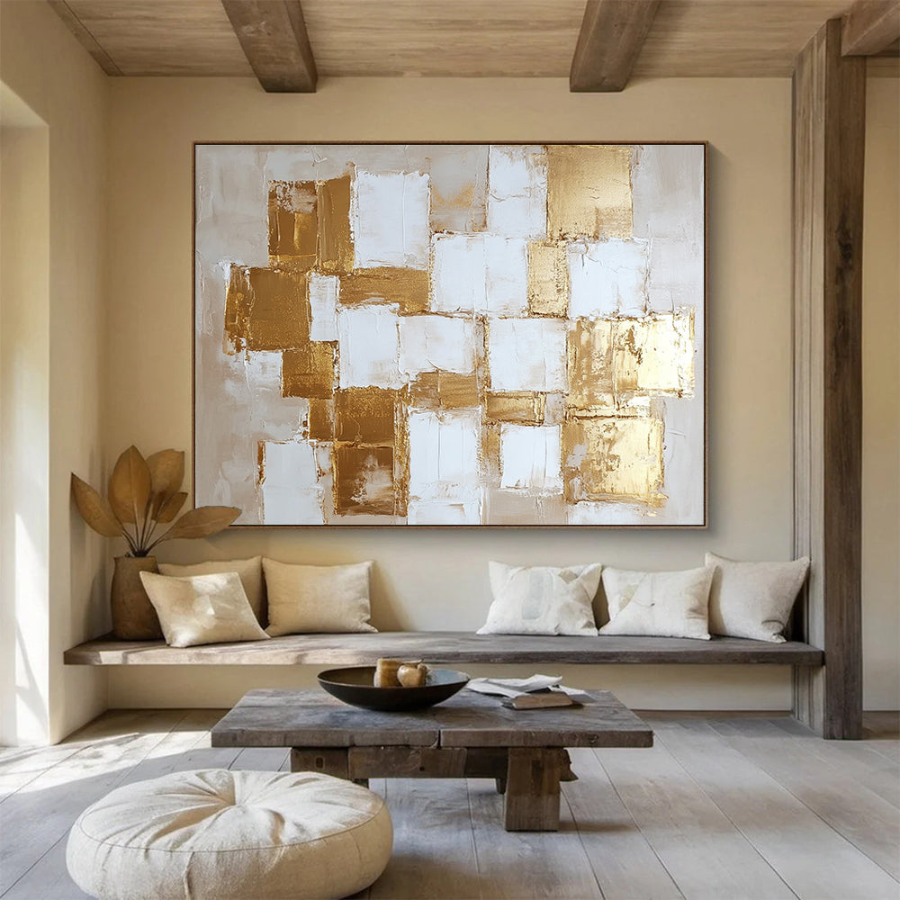 Gold and White Square Abstract Painting with Textured Elegance ABS451