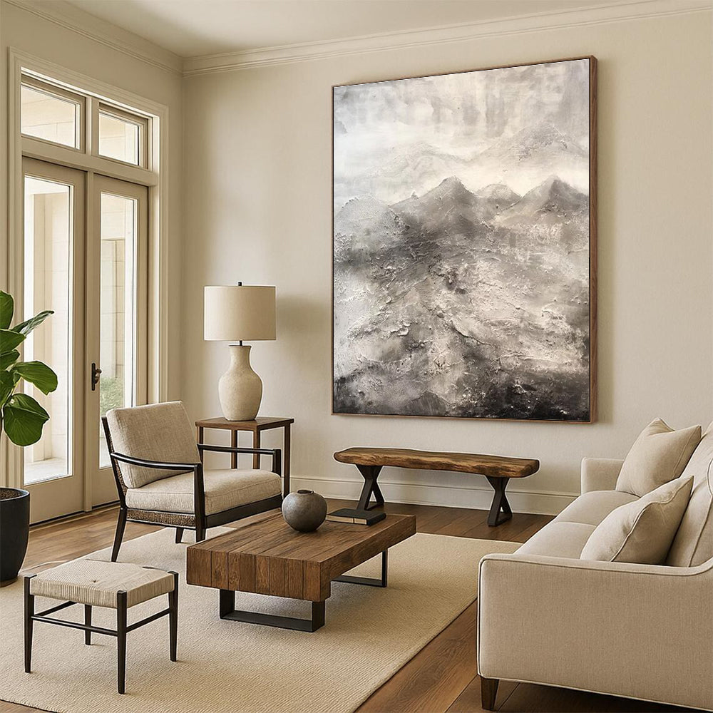 Evocative Gray - Toned Textured Mountains Painting for Nature - Inspired Spaces HENG256