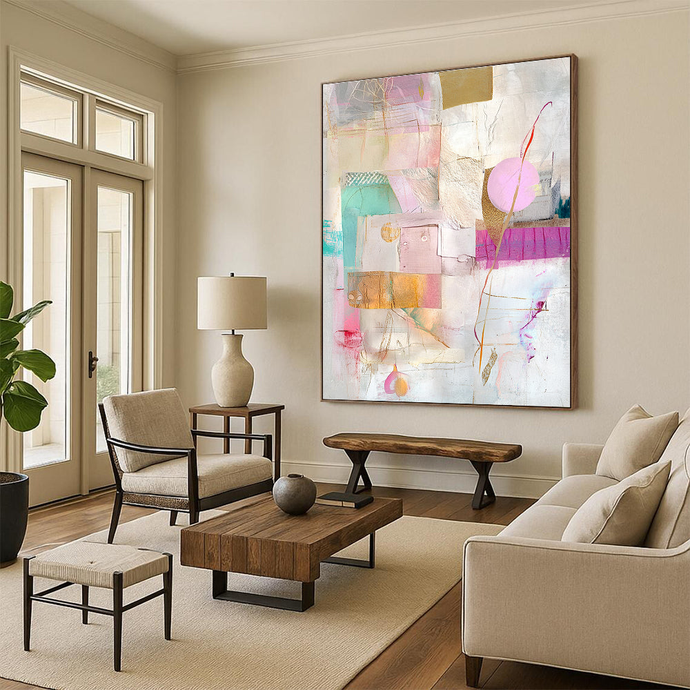 Gold Accent Pastel Collage Abstract Painting with Subtle Glamour WINK206