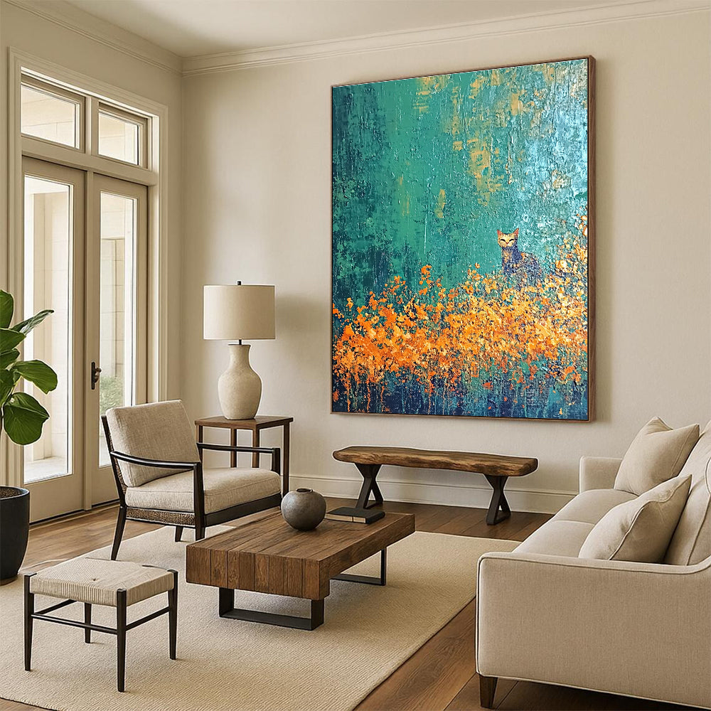 Cat in the Flower Field Enchanted Landscape Abstract Painting GAB0261