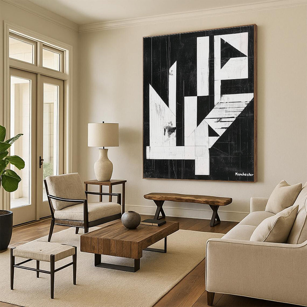 Geometric Black and White Abstract Painting of Architectural Form GAB0197